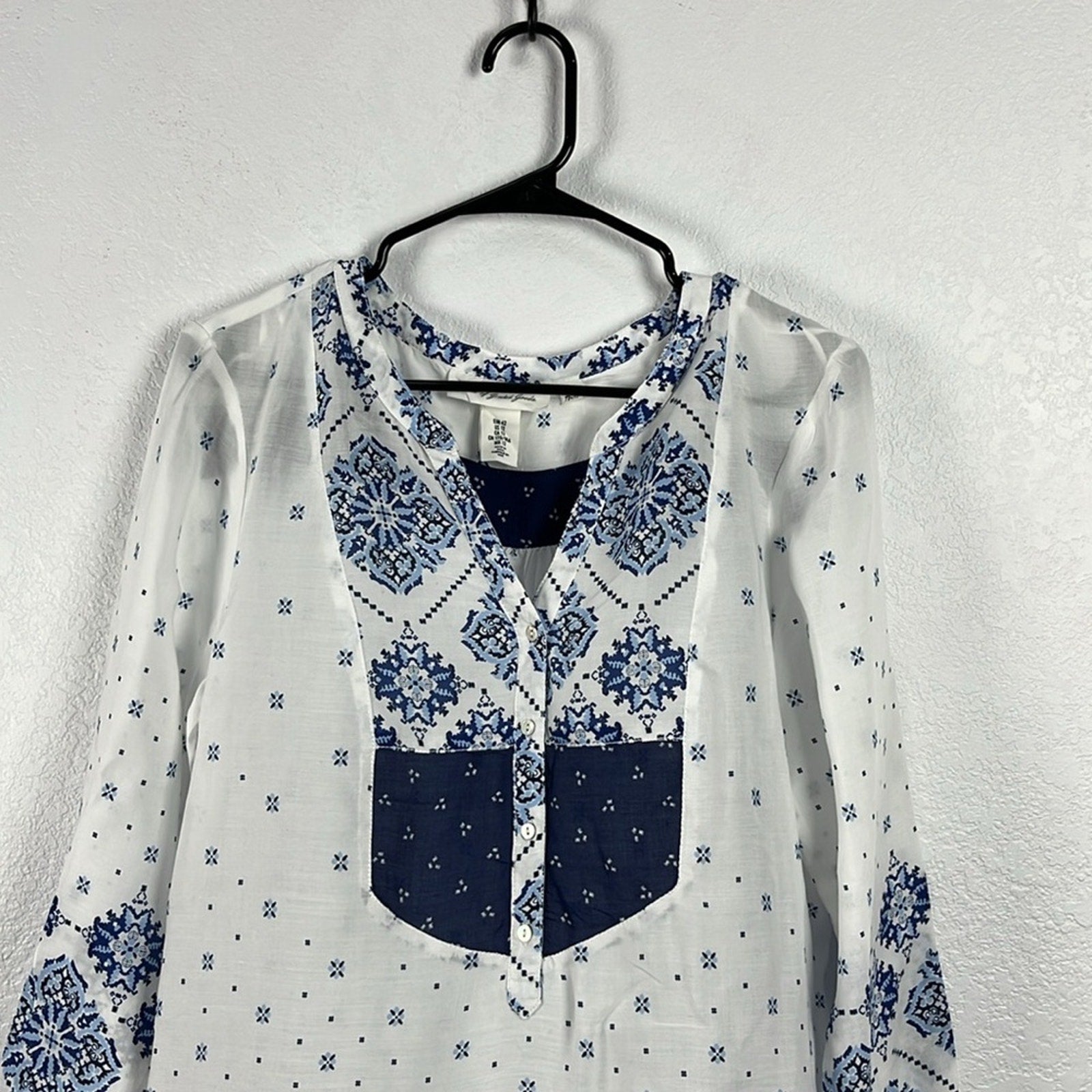 H&M L.O.G.G. Dress Tunic Prairie Boho Smock Women’s Size 12 Blue White Sheer