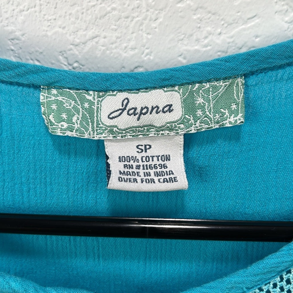 Japna Women’s Teal Dress Ruffle Short Sleeve Lace Cotton Effortless Midi Sz SP