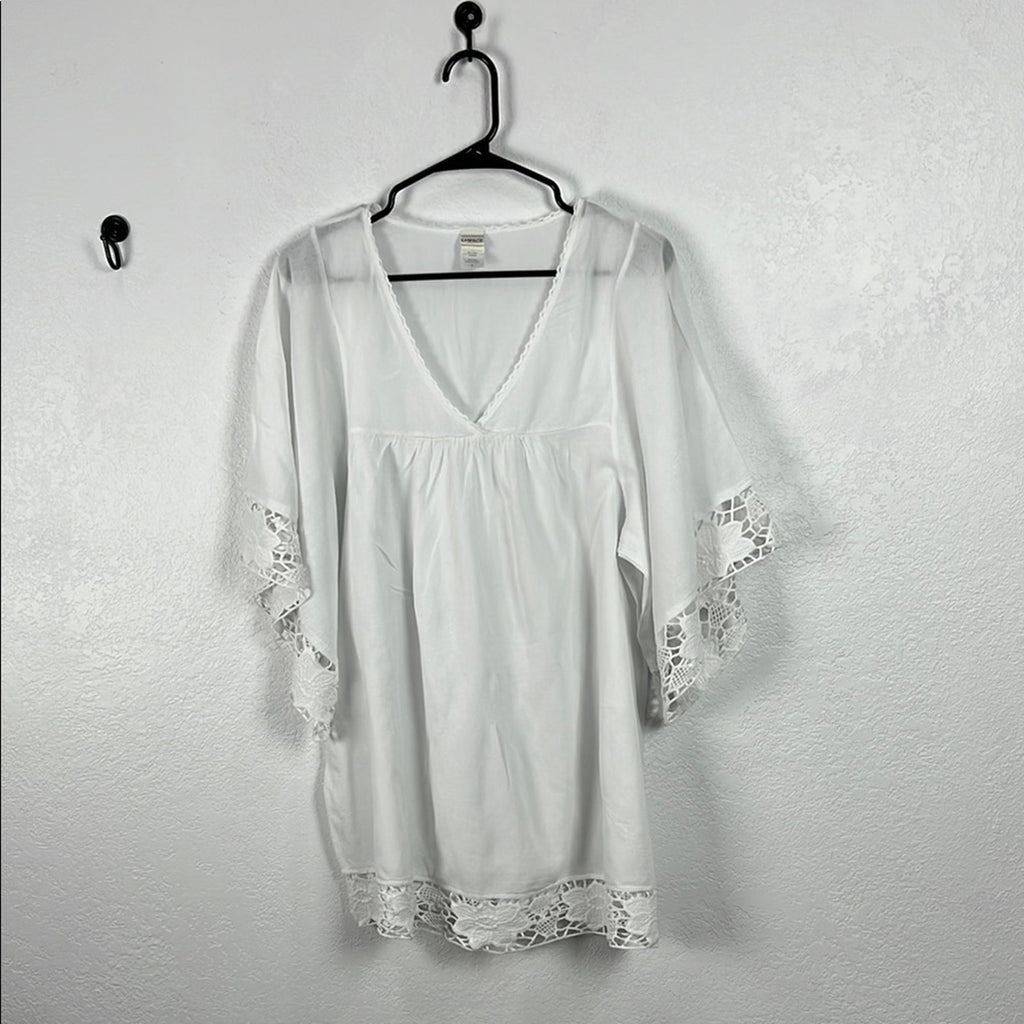 L Space Off Shore Caftan White Cotton Sz S Floral Lace Trim Dolman Sleeve Sheer