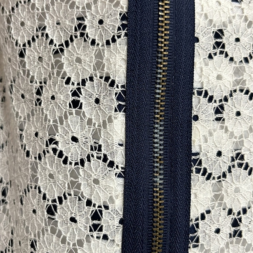 J. Taylor Navy Cream Striped Dress Sz 16 Lace Crochet Pleated Hem Nautical