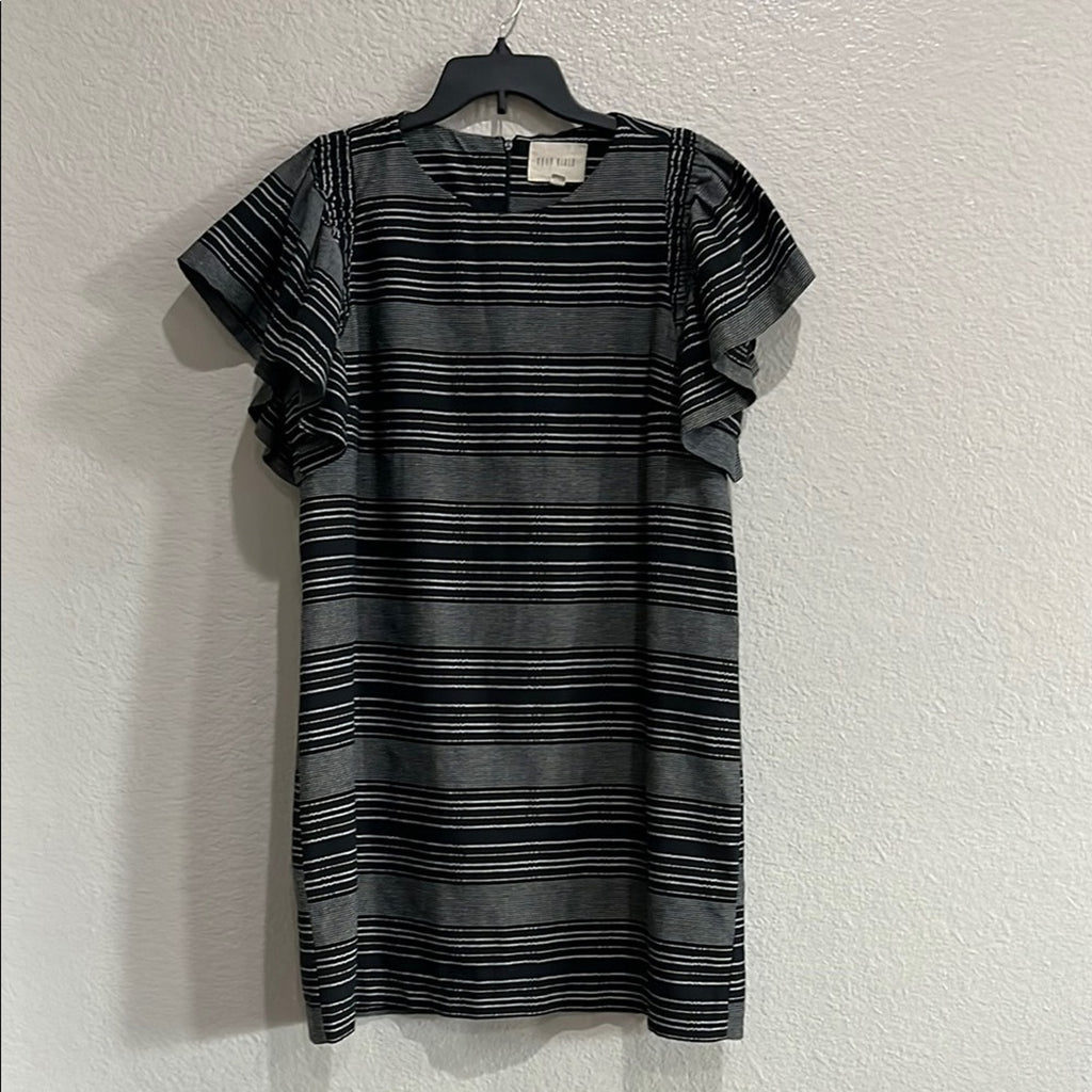 Anthropologie Moon River Denmark Dress Sz M Flutter Sleeves Black/Gray Stripes