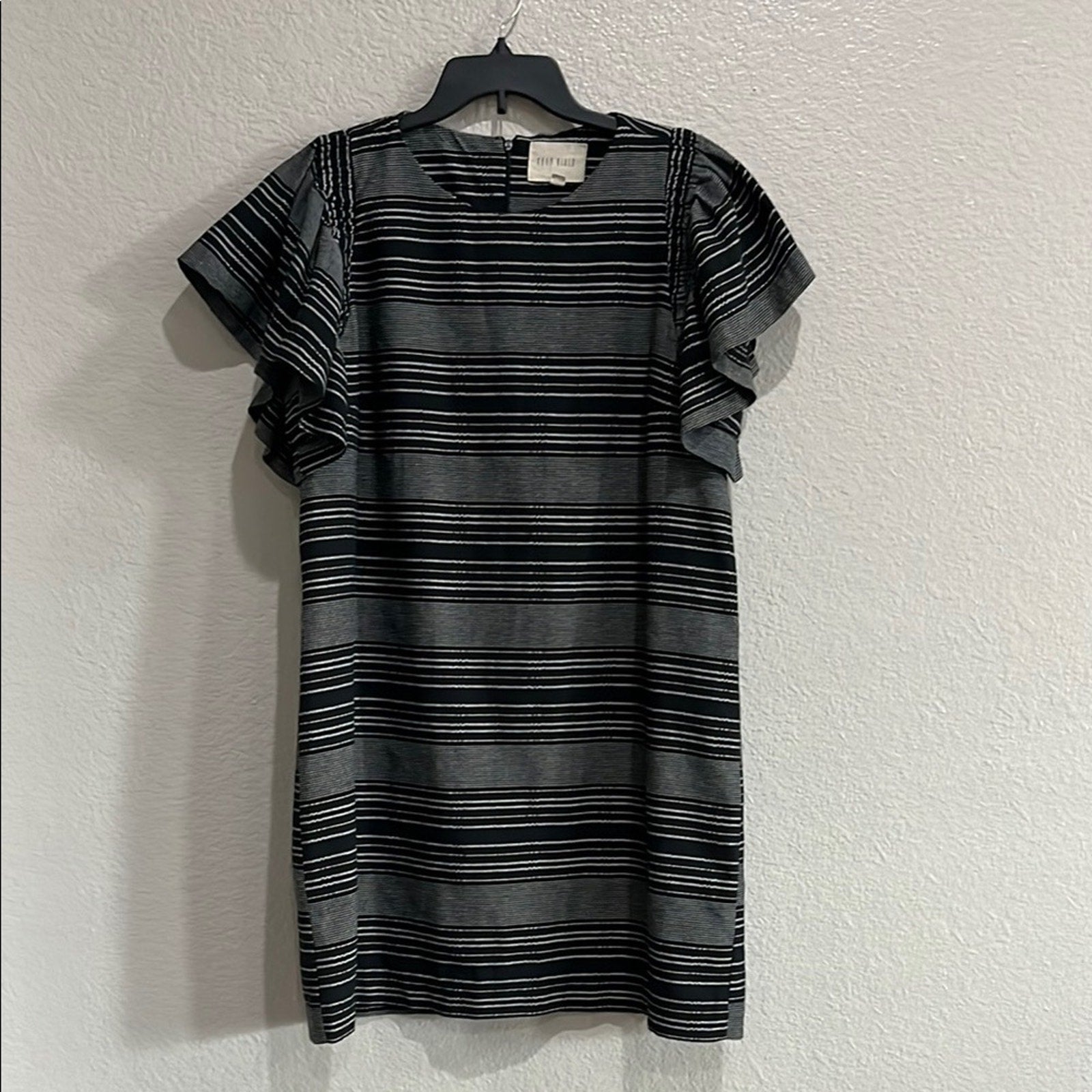 Anthropologie Moon River Denmark Dress Sz M Flutter Sleeves Black/Gray Stripes