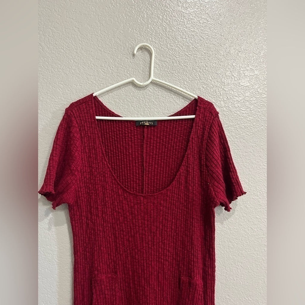 Peridot Women’s Casual maxi Dress Short Sleeve pockets Side Split burgundy Sz2