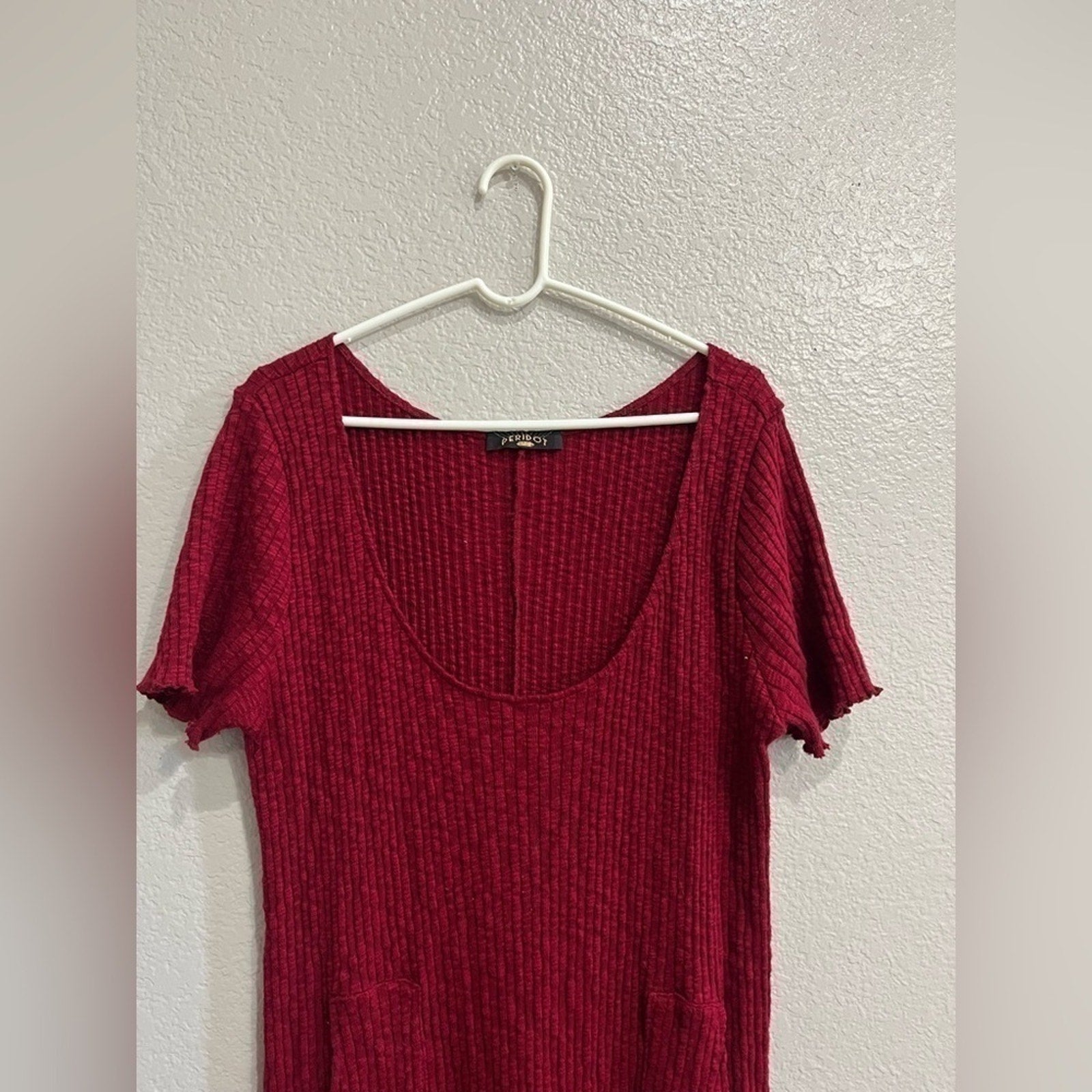 Peridot Women’s Casual maxi Dress Short Sleeve pockets Side Split burgundy Sz2