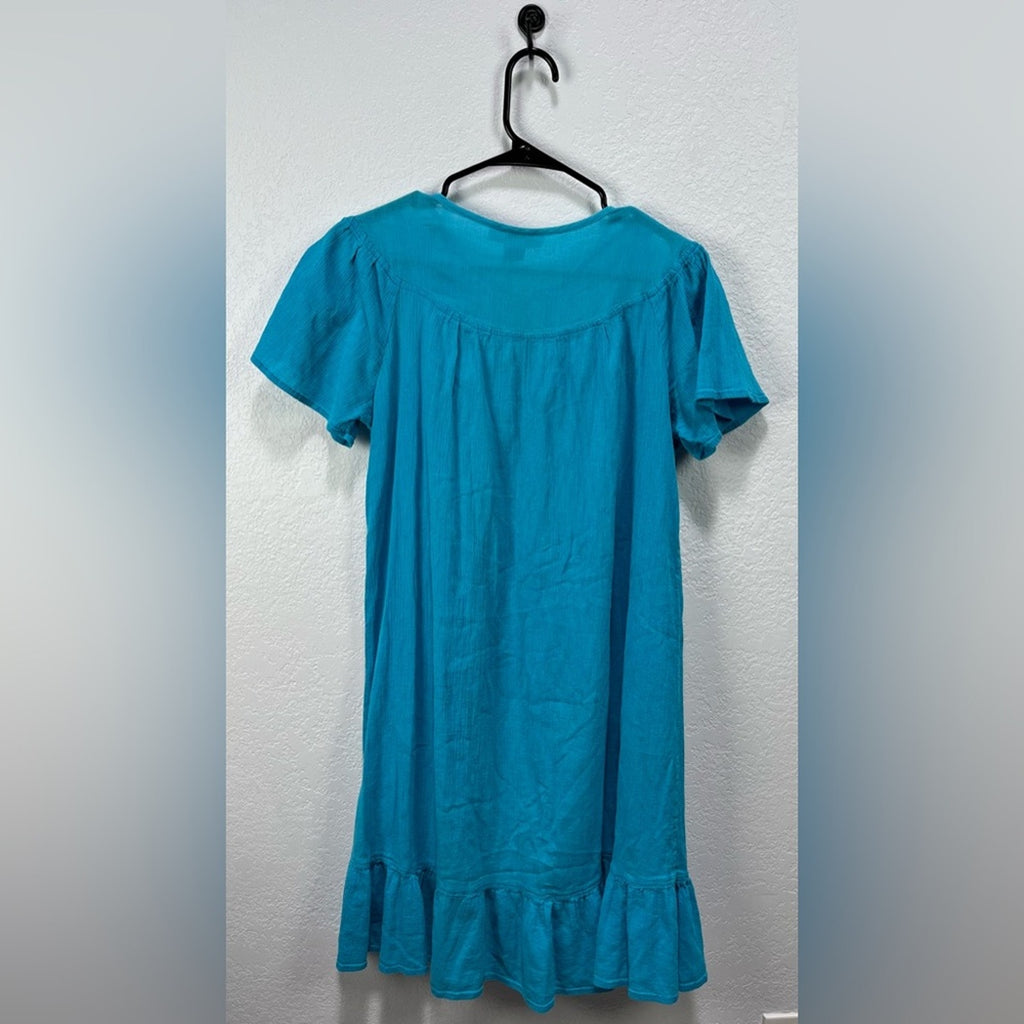 Japna Women’s Teal Dress Ruffle Short Sleeve Lace Cotton Effortless Midi Sz SP