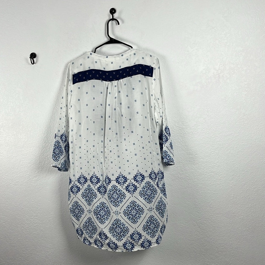H&M L.O.G.G. Dress Tunic Prairie Boho Smock Women’s Size 12 Blue White Sheer