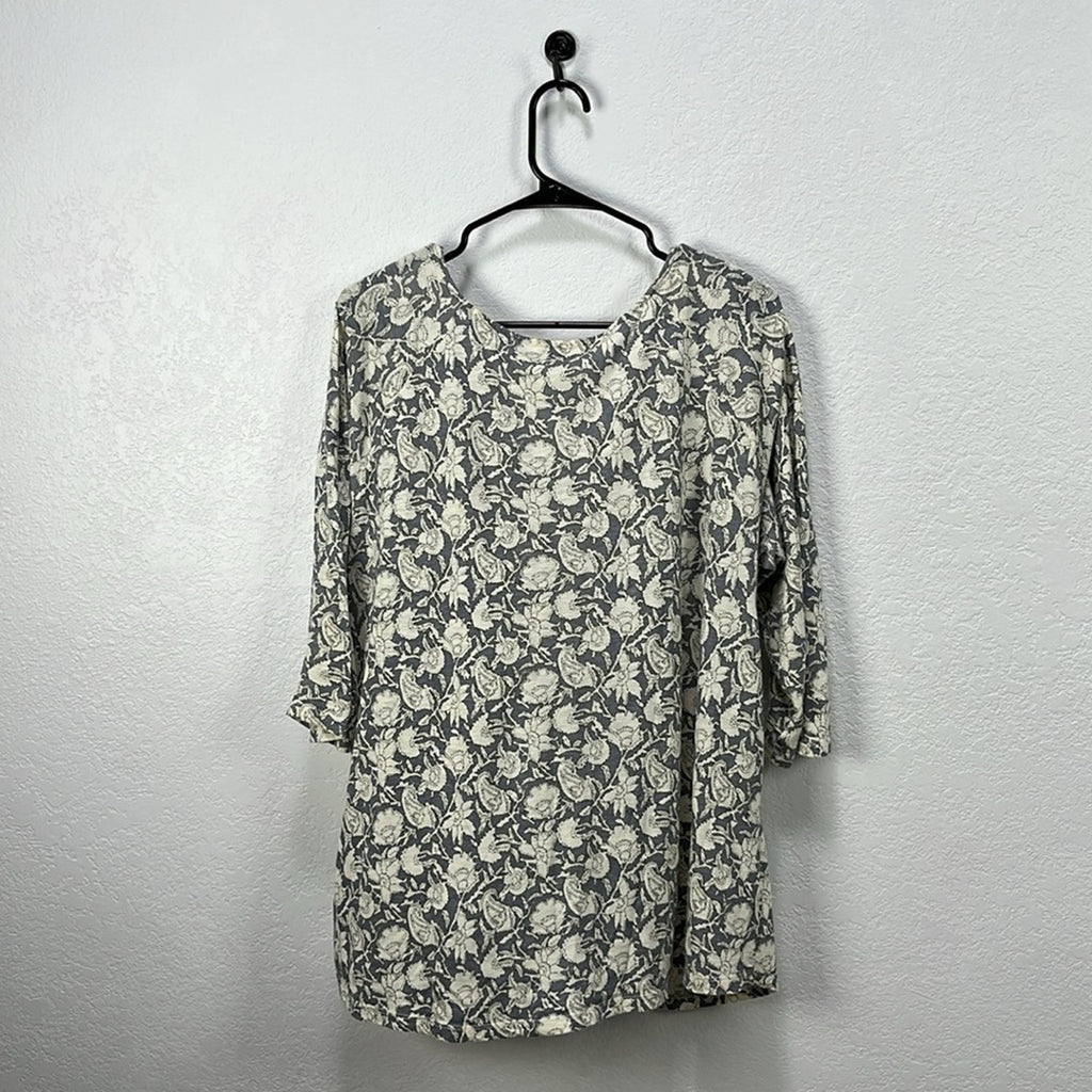 Lucky Brand Boho Grey Print Top Black Tan Split Neck 3/4 Sleeve Size 1X Boho