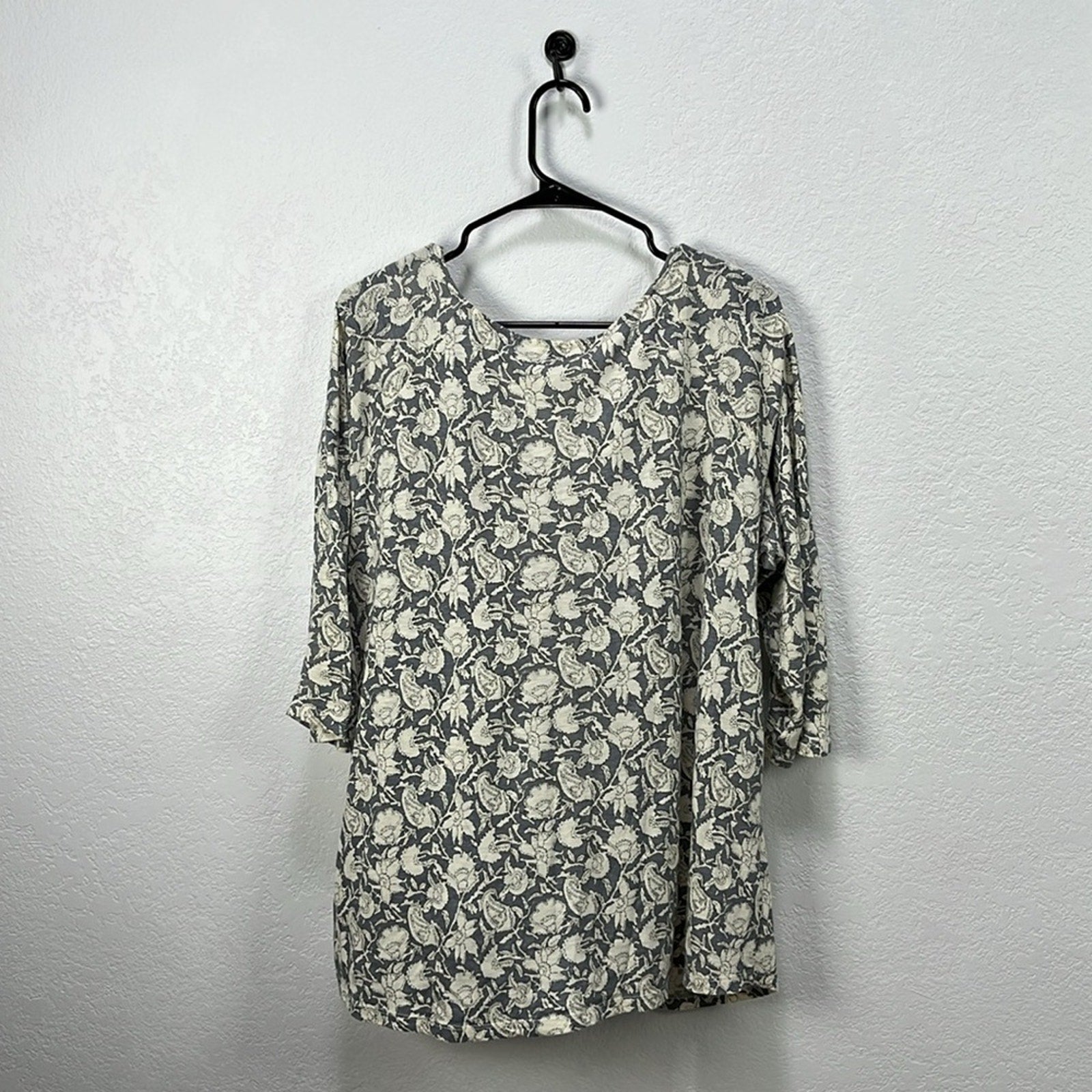 Lucky Brand Boho Grey Print Top Black Tan Split Neck 3/4 Sleeve Size 1X Boho