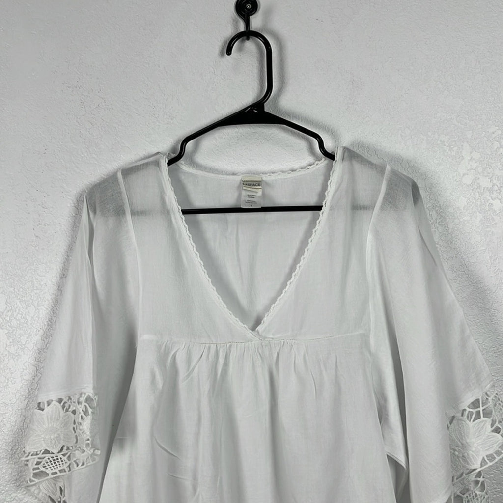 L Space Off Shore Caftan White Cotton Sz S Floral Lace Trim Dolman Sleeve Sheer