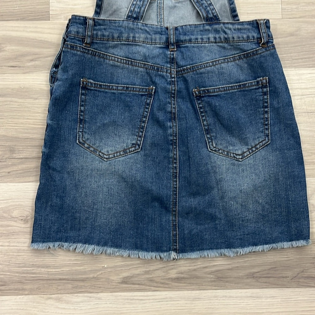 Refuge Blue Denim Overall Mini Skirt Fringe Hem Street Wear Cotton Blend Sz S