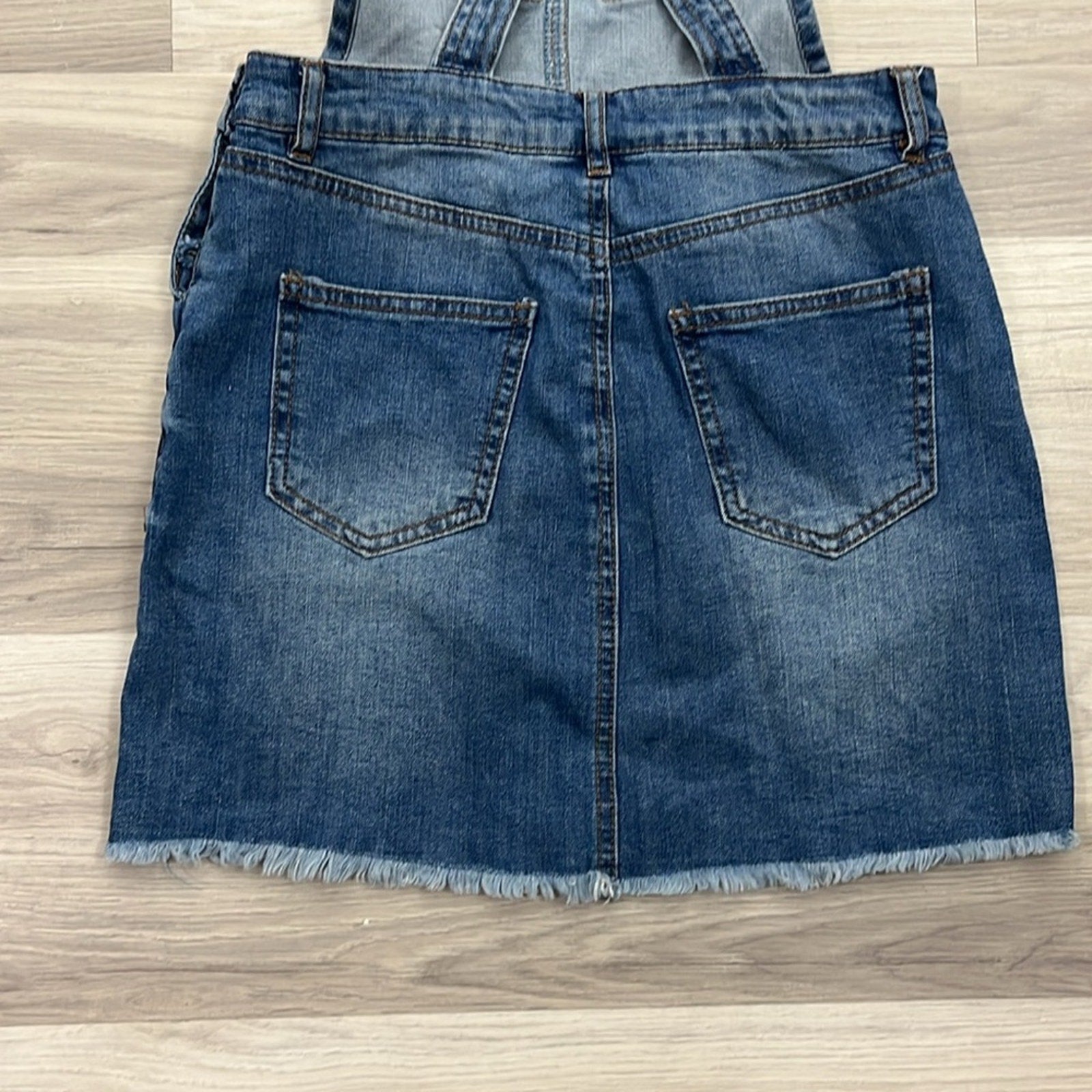 Refuge Blue Denim Overall Mini Skirt Fringe Hem Street Wear Cotton Blend Sz S