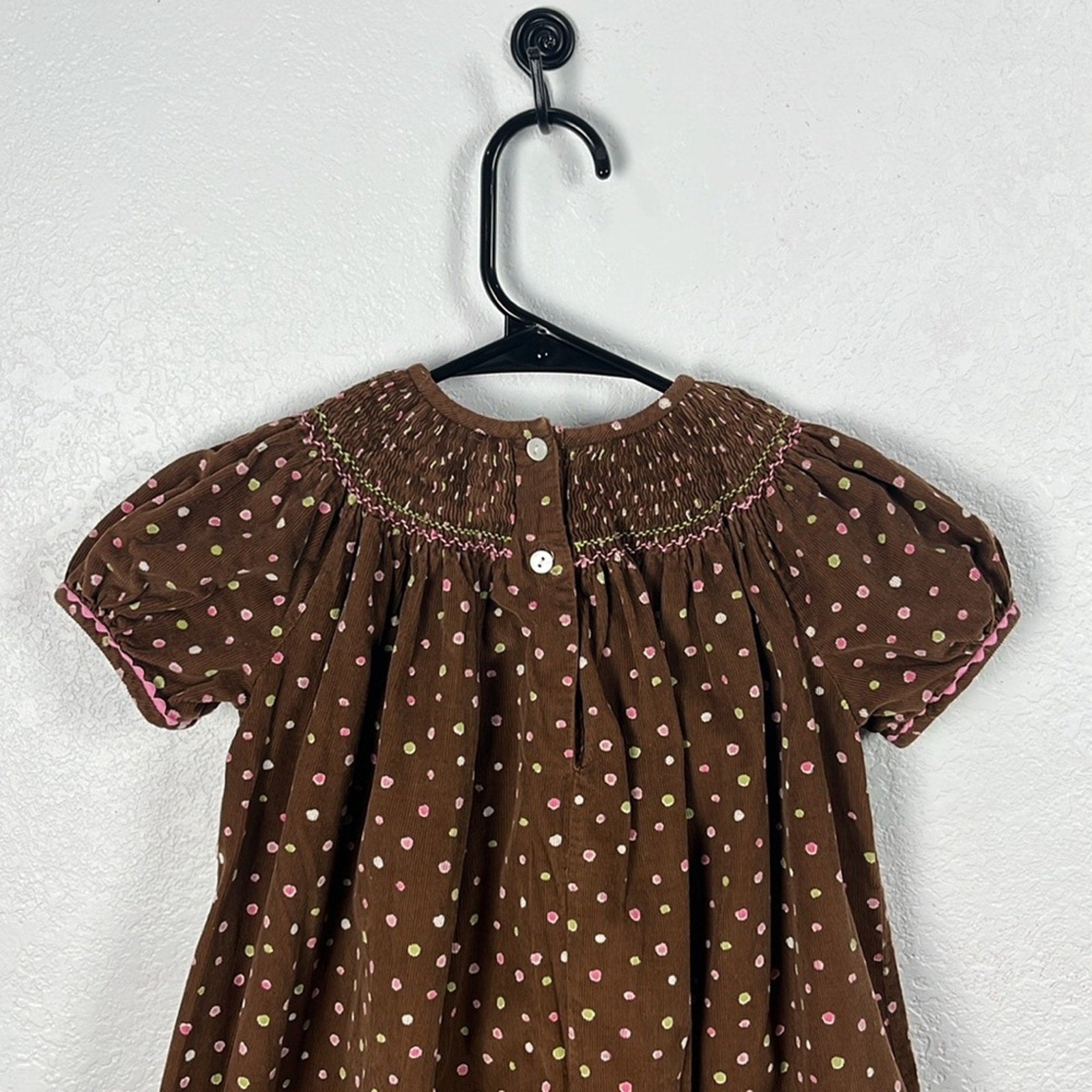 Girl’s Brown Polka Dot Pink Elephants Dress Bishop Smocked Sz 4T Embroidered