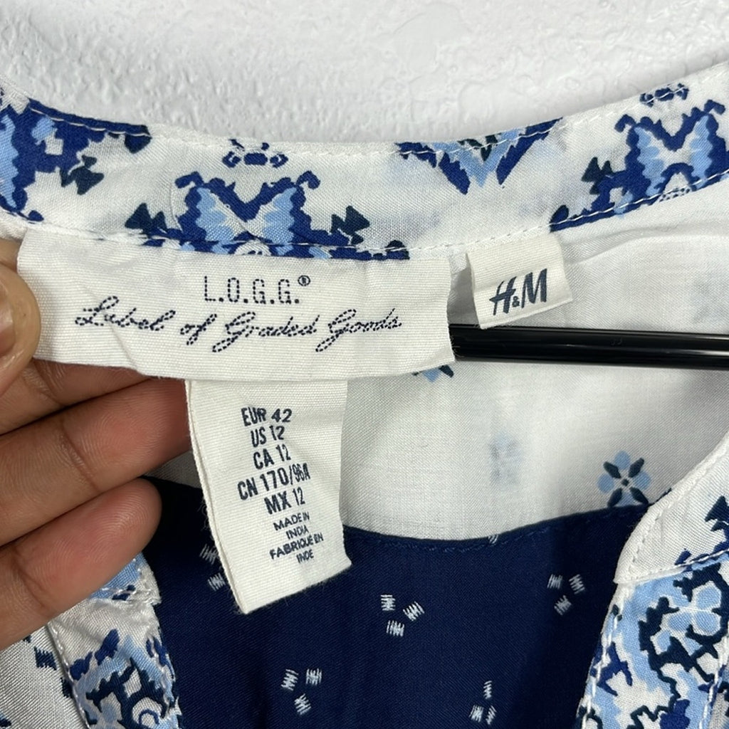 H&M L.O.G.G. Dress Tunic Prairie Boho Smock Women’s Size 12 Blue White Sheer