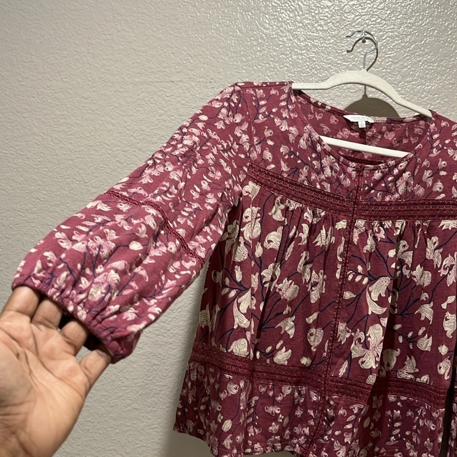 Lucky Brand Burgundy Cream Floral Long Sleeve Blouse Size S Boho Cottage Core