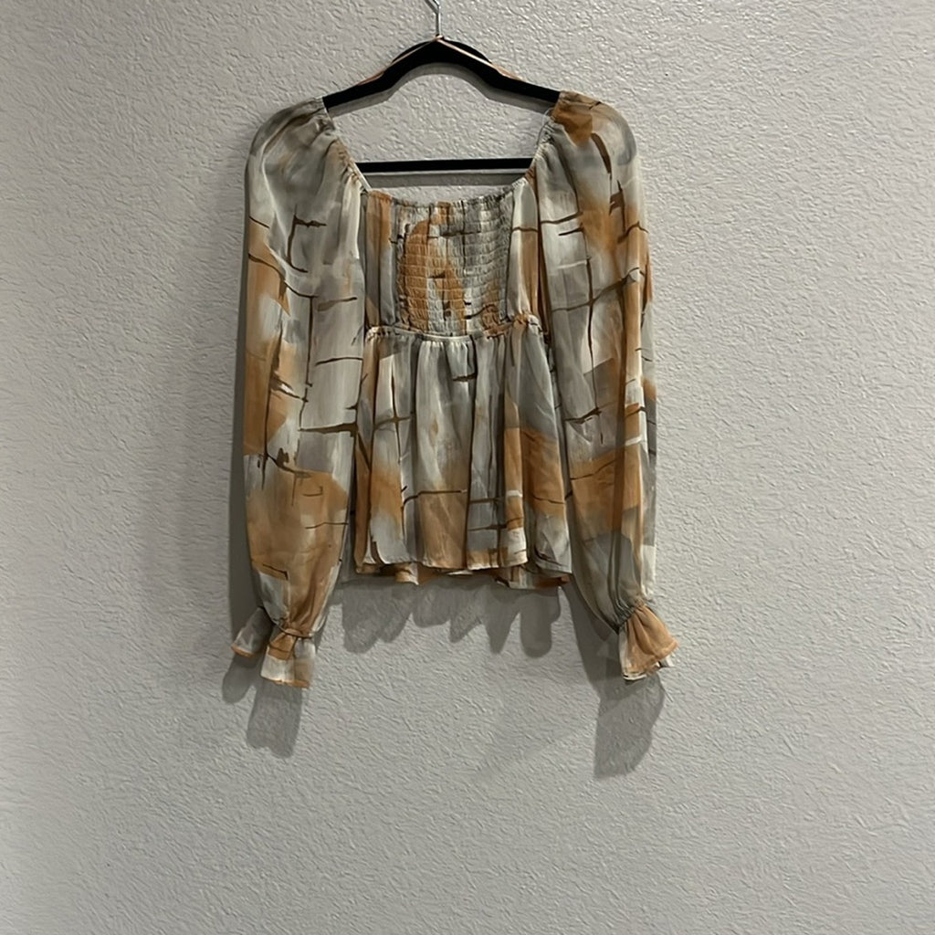Blu Pepper Womens Cream  Tan Ruffled Long Sleeve Boho Peasant Blouse Size Small