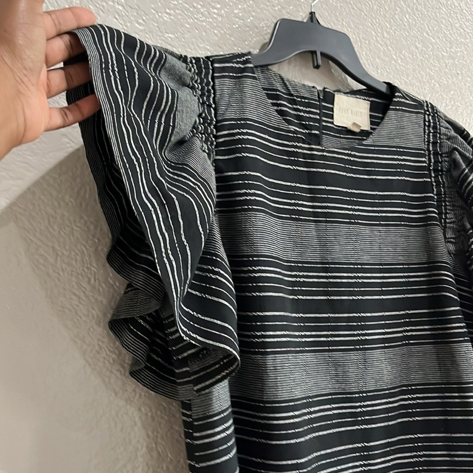 Anthropologie Moon River Denmark Dress Sz M Flutter Sleeves Black/Gray Stripes