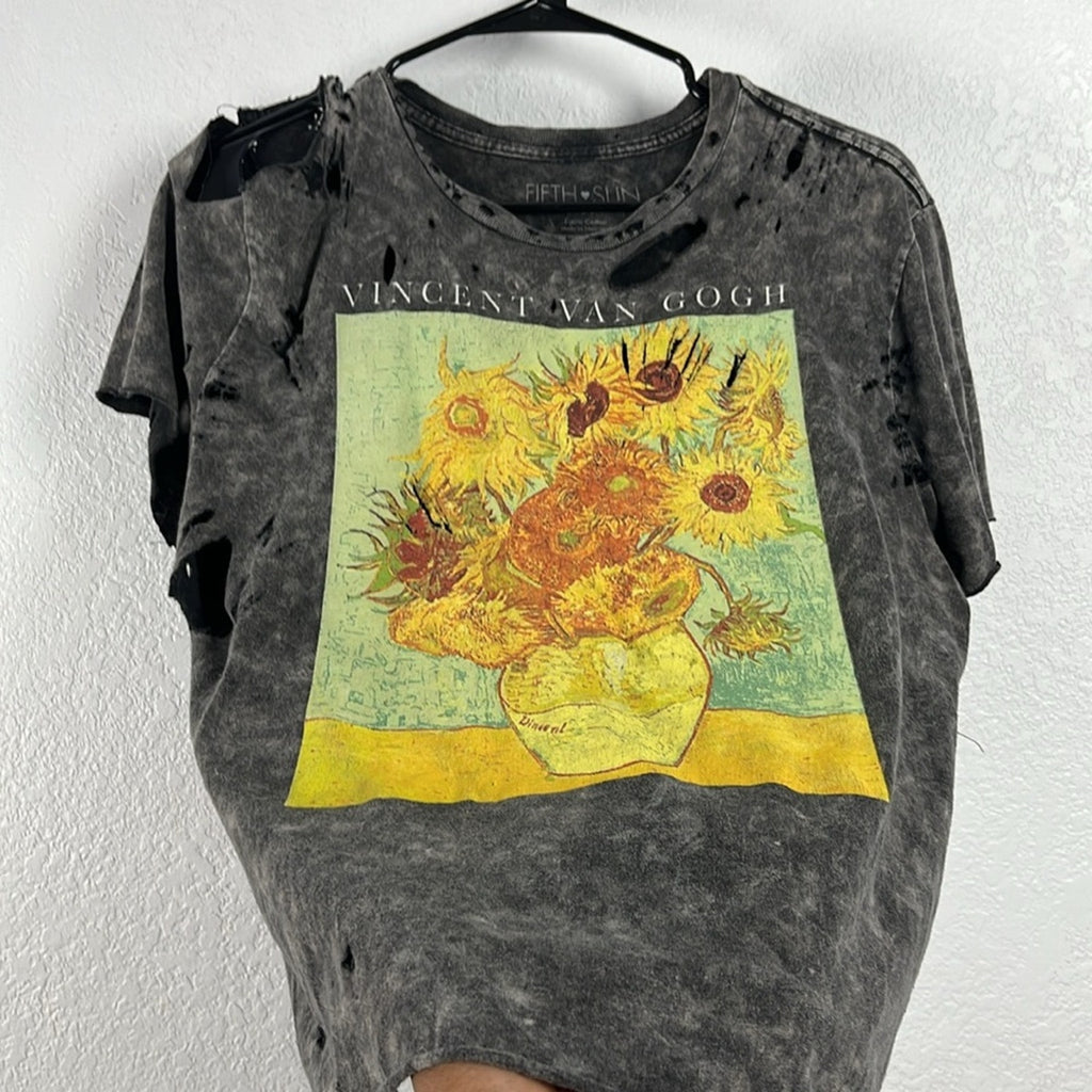 Fifth Sun Black Short Sleeve Distressed Tee with Artistic Print Whimsigoth Sz M