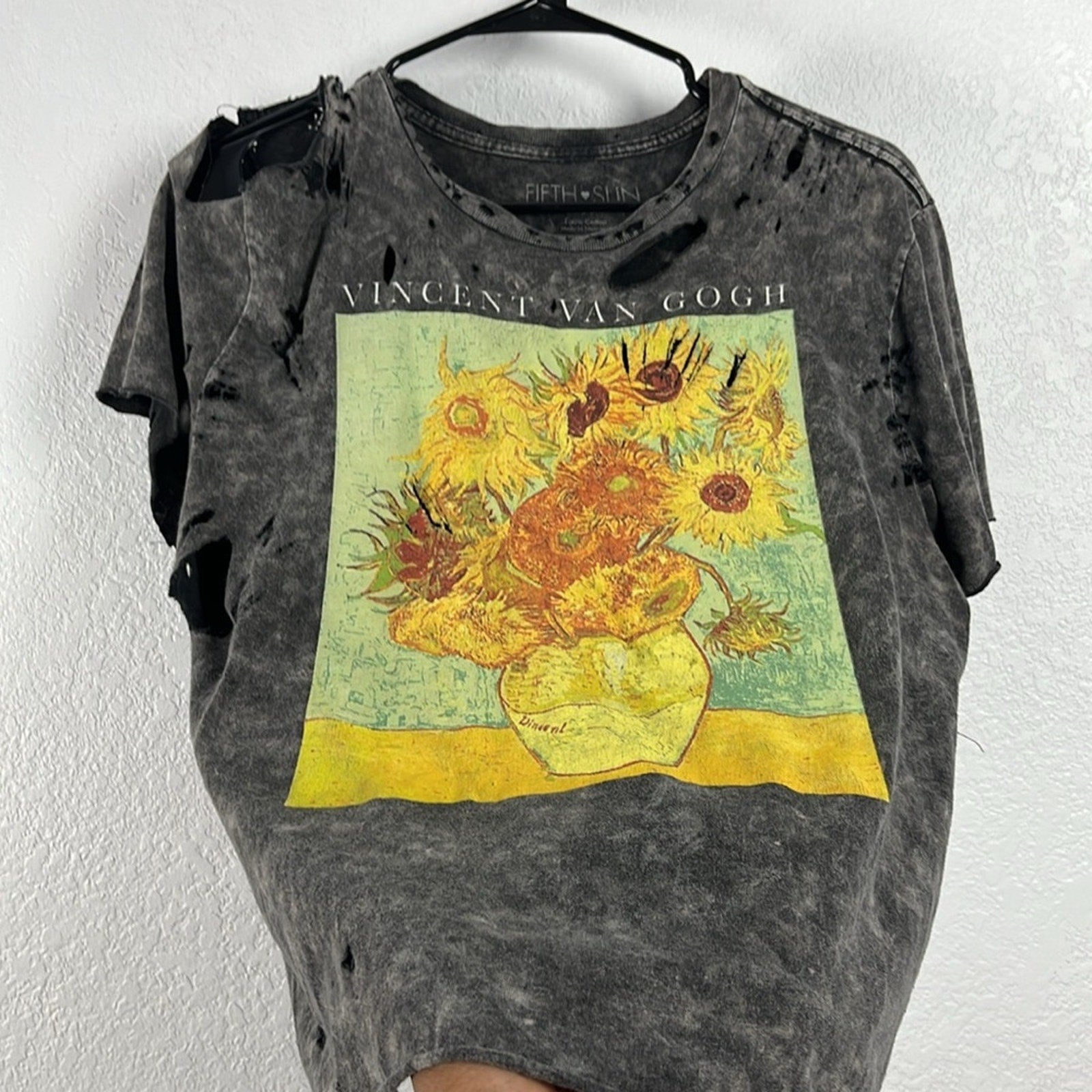 Fifth Sun Black Short Sleeve Distressed Tee with Artistic Print Whimsigoth Sz M