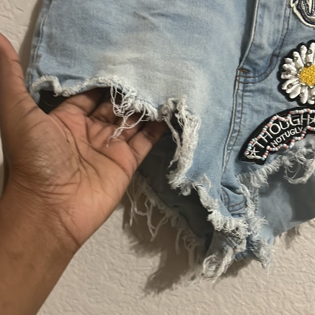 Hot & Delicious Denim Jean Shorts Size Small Stretchy With Artful Patches