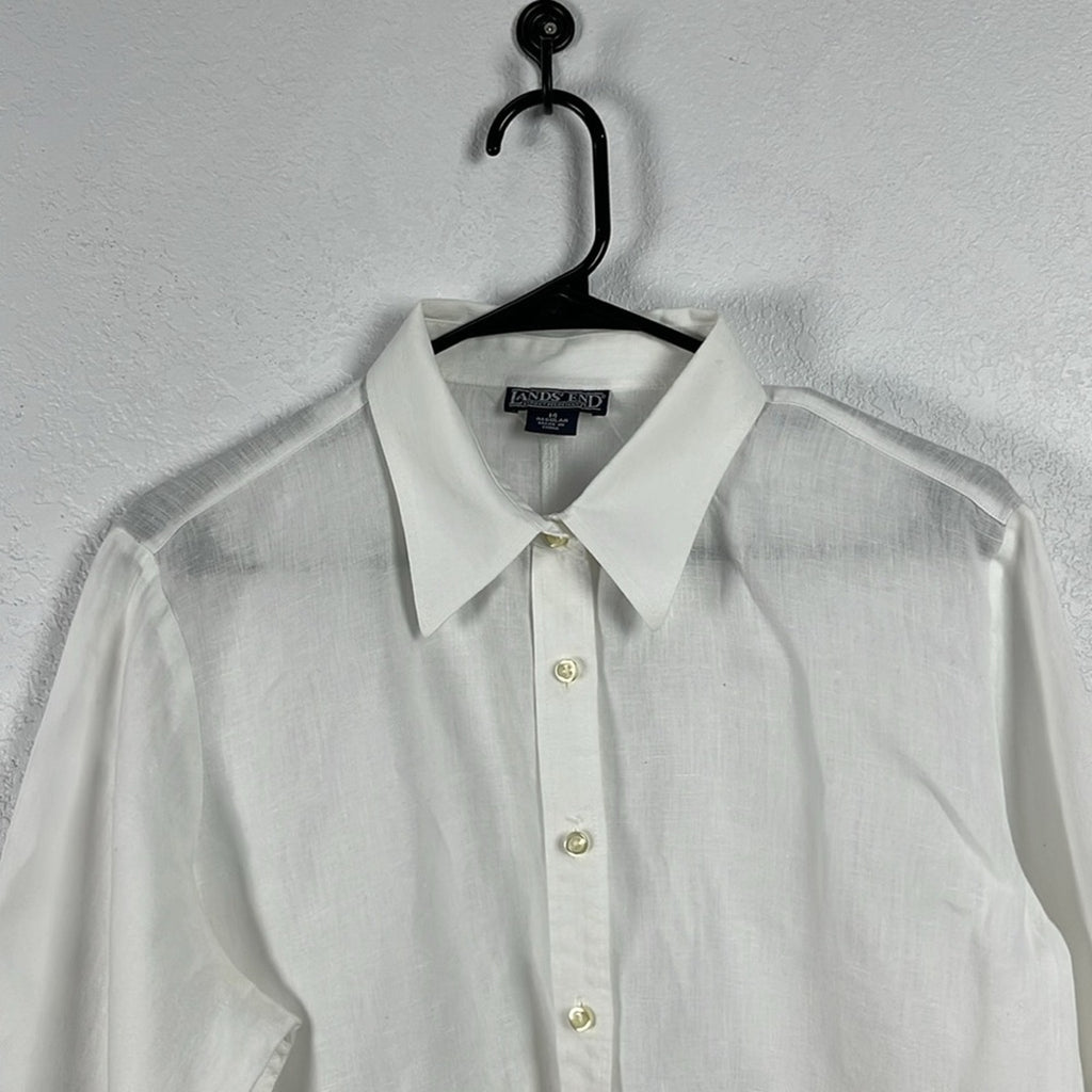 Lands' End Women 100% Linen White Button Down Tunic Shirt Size 14 Effortless