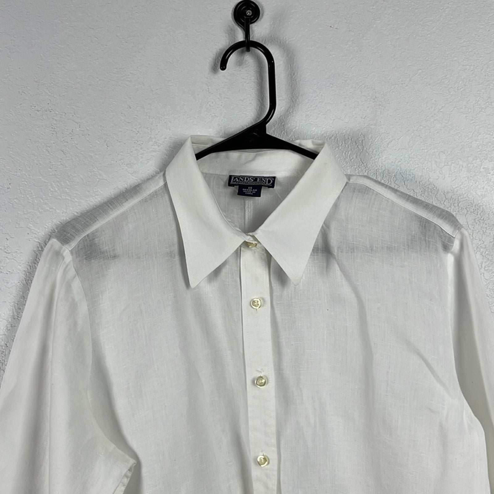 Lands' End Women 100% Linen White Button Down Tunic Shirt Size 14 Effortless