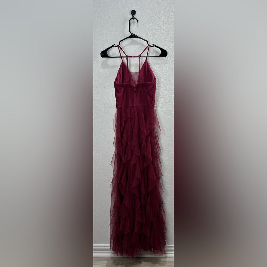 Social Couture Women’s Burgundy Ruffled Tiered Maxi Dress Formal Sz 1/2 No Belt