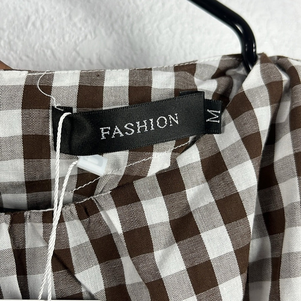 Women’s Checkered Brown Dress prairie core Front Tie Ranch Farm Girl Sz M Rural