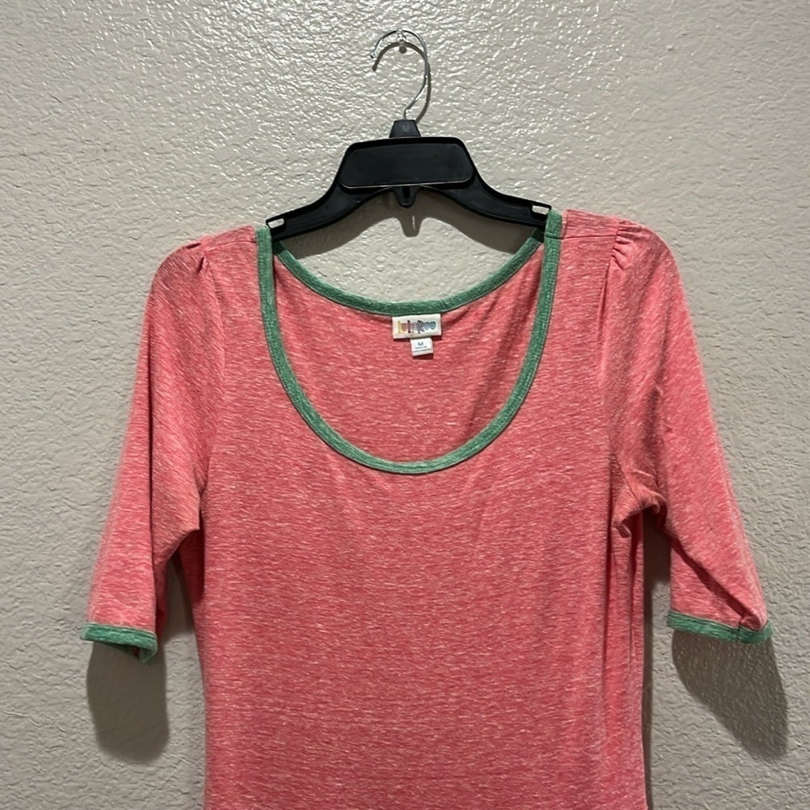 Lula Roe Pink and Green Trim Midi Dress Short Sleeve Size Medium Vaca Summer