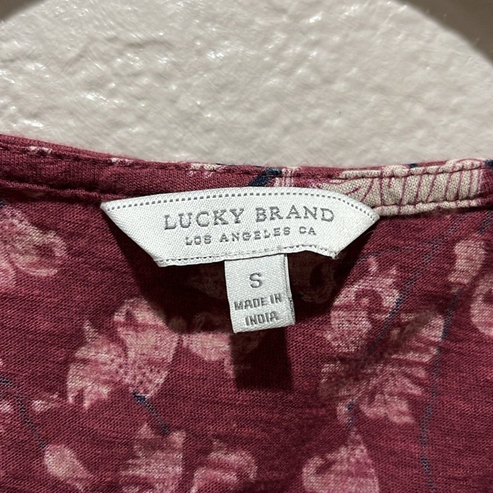 Lucky Brand Burgundy Cream Floral Long Sleeve Blouse Size S Boho Cottage Core