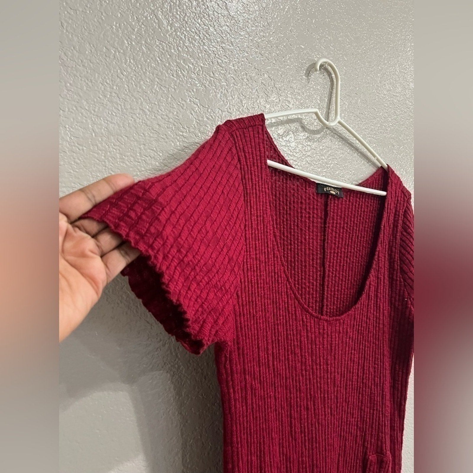 Peridot Women’s Casual maxi Dress Short Sleeve pockets Side Split burgundy Sz2