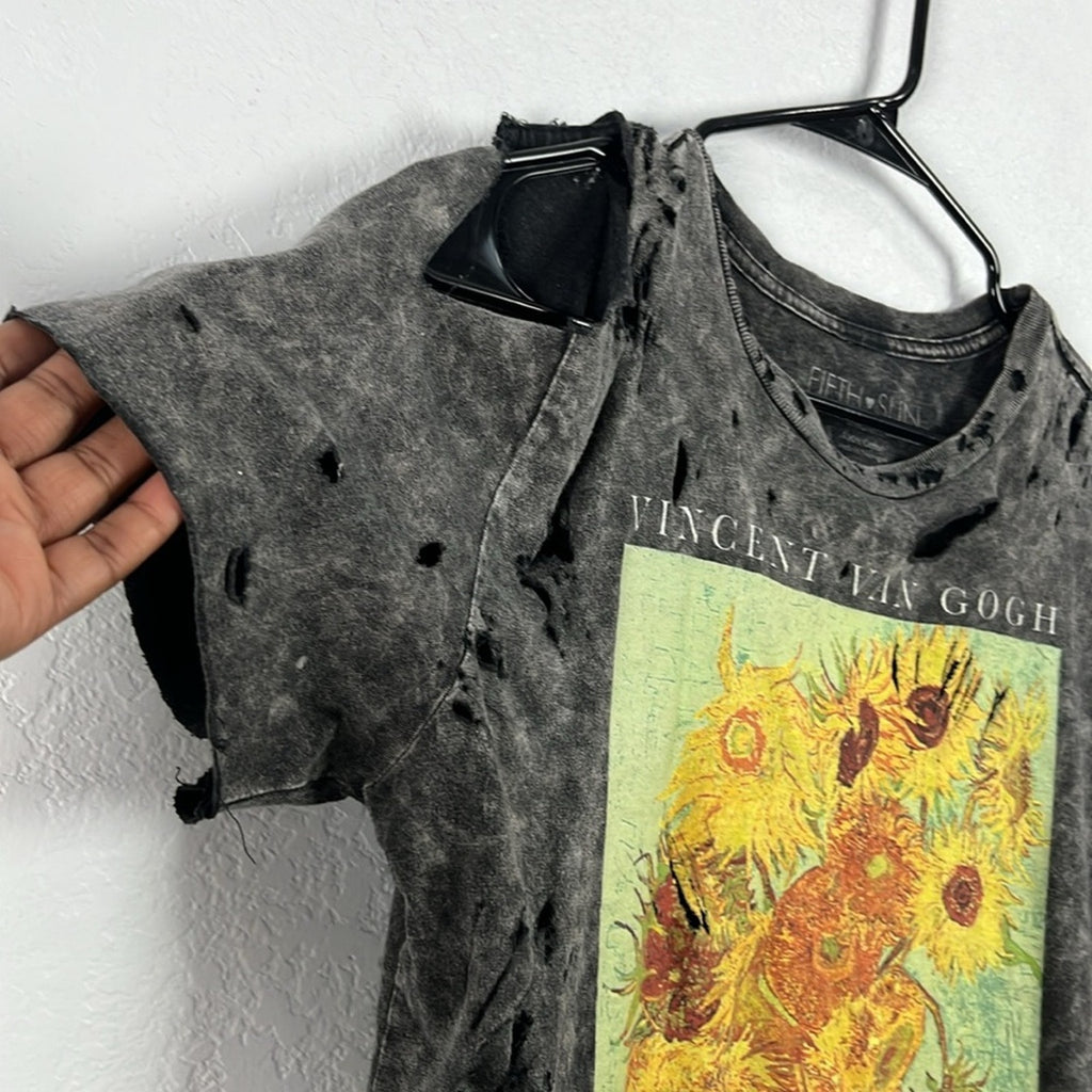Fifth Sun Black Short Sleeve Distressed Tee with Artistic Print Whimsigoth Sz M
