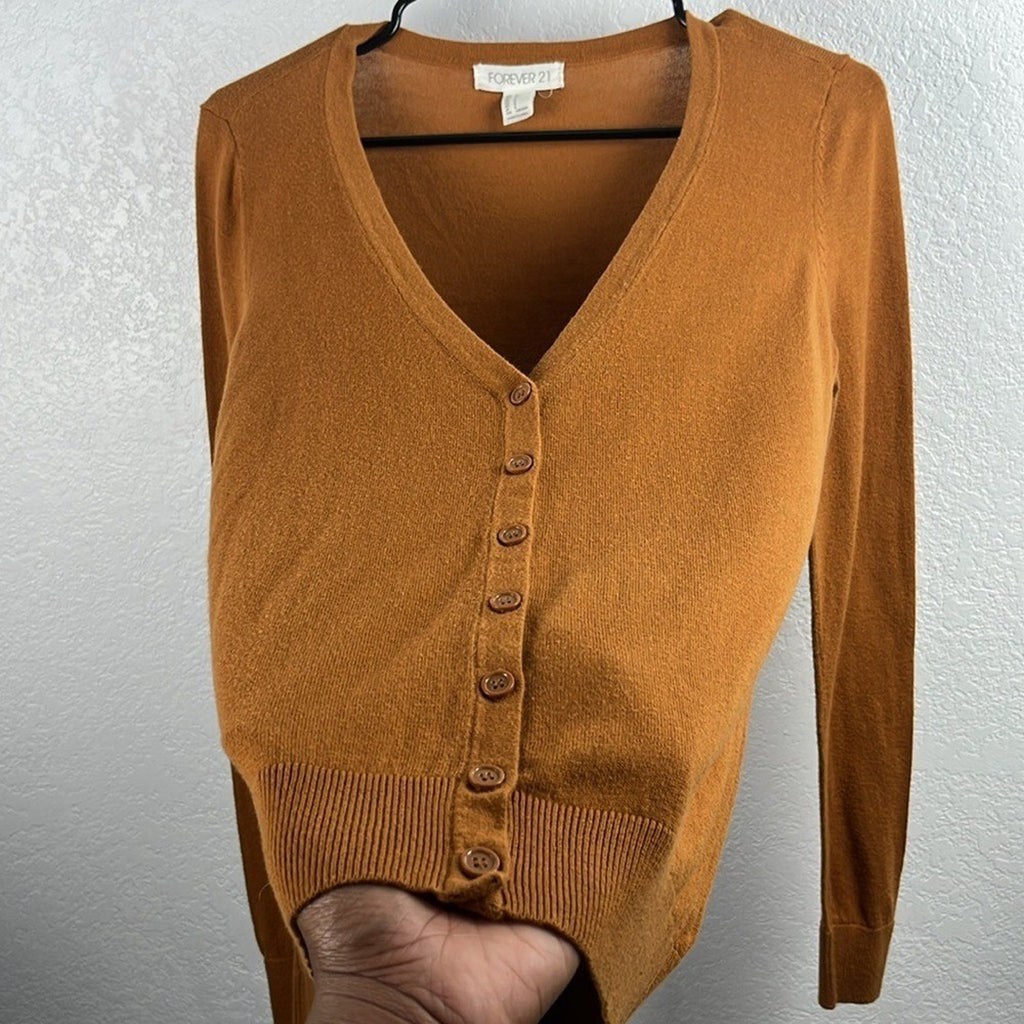 Forever 21 Women's V-Neck Button-Up Cardigan Brown Sz S Long Sleeve Office Core