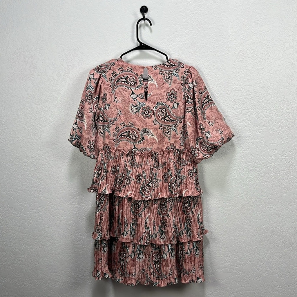 CODE X MODE Pink Paisley Ruffle Balloons Sleeve Dress Sz XS Floral Pink Tiered