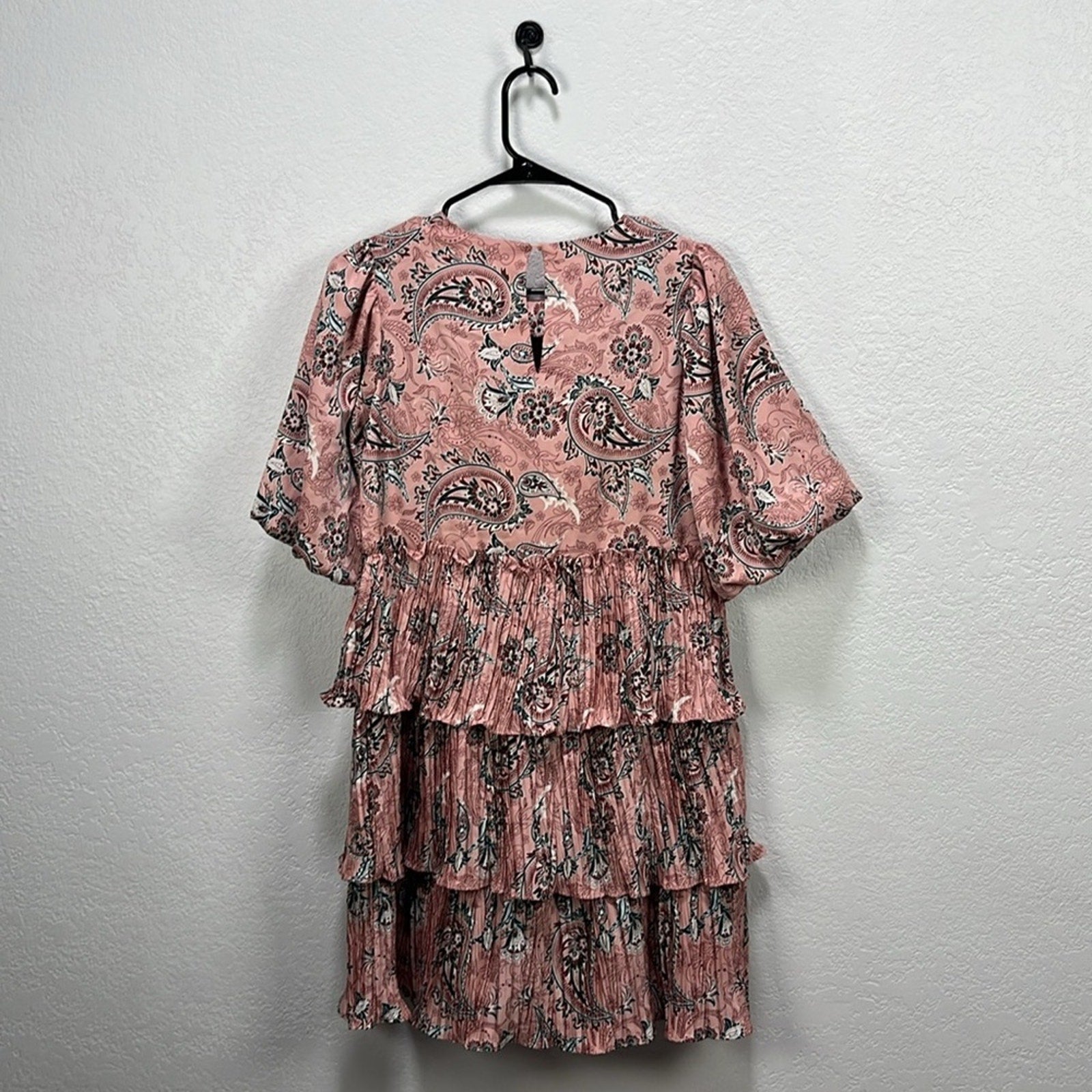 CODE X MODE Pink Paisley Ruffle Balloons Sleeve Dress Sz XS Floral Pink Tiered