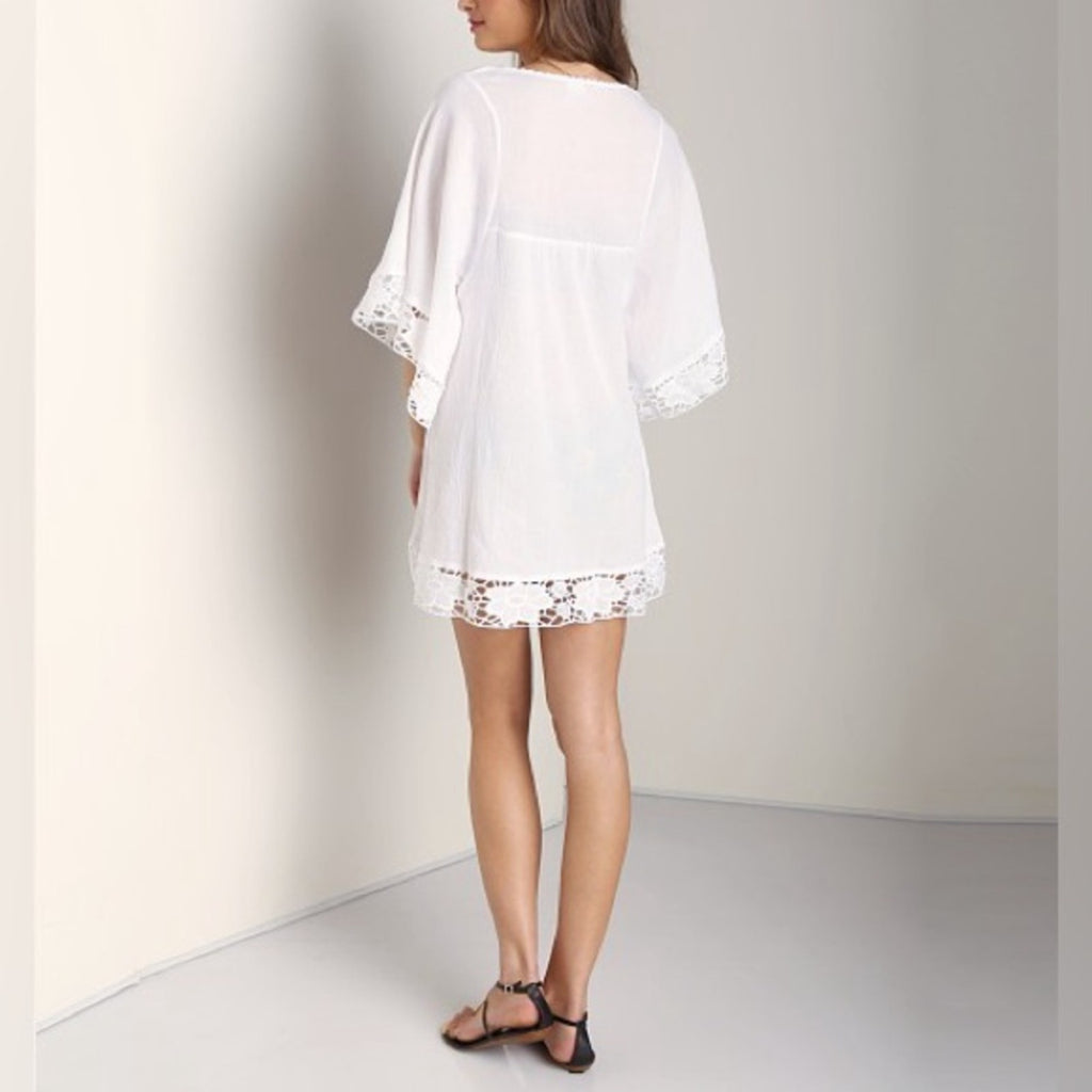 L Space Off Shore Caftan White Cotton Sz S Floral Lace Trim Dolman Sleeve Sheer