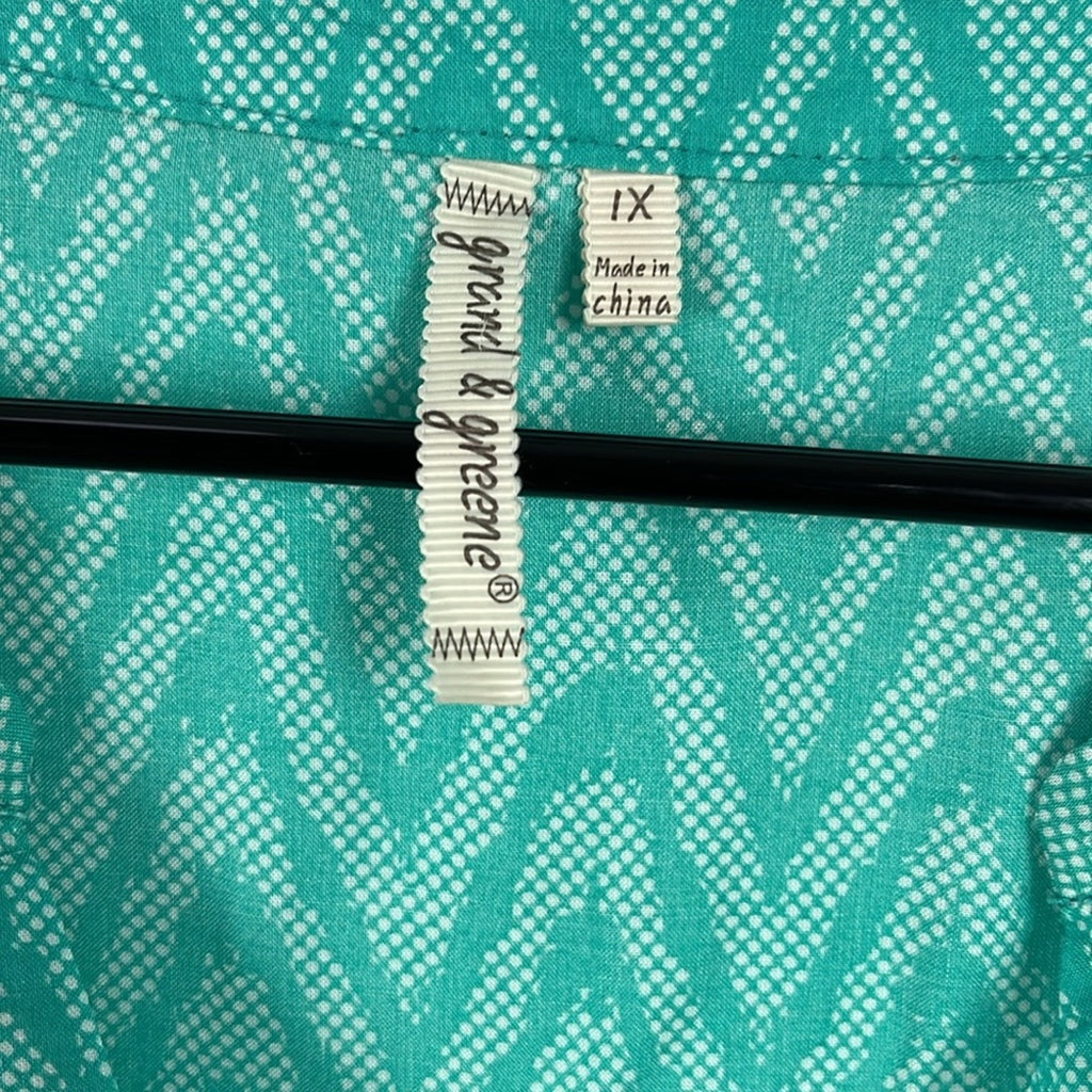 Grand & Greene V-Neck Green & White Long Sleeve Shirt Sz 1X Lightweight Flowy