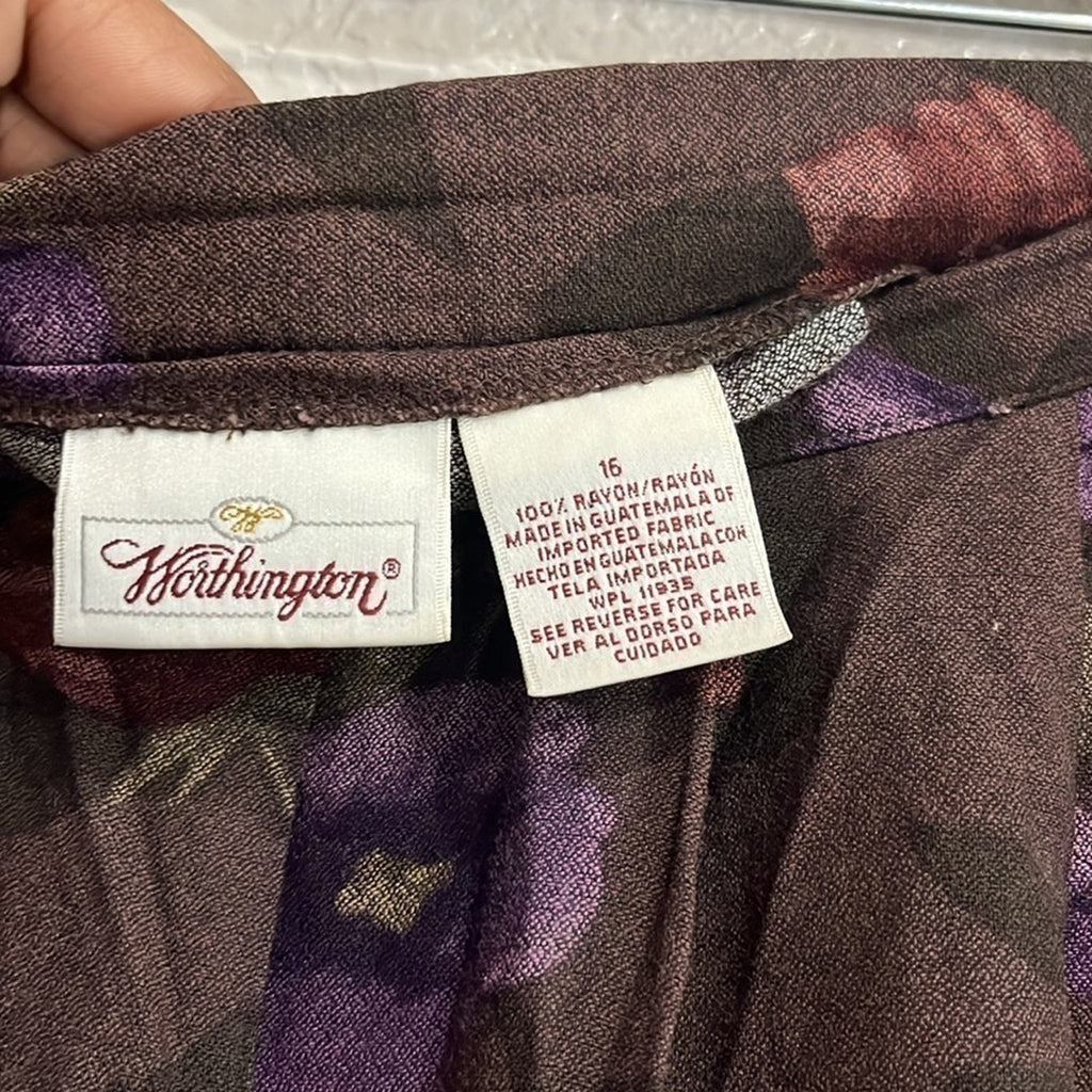 Vintage Worthington Women’s Pleated skirt Floral Print Brown Side Button Sz 16