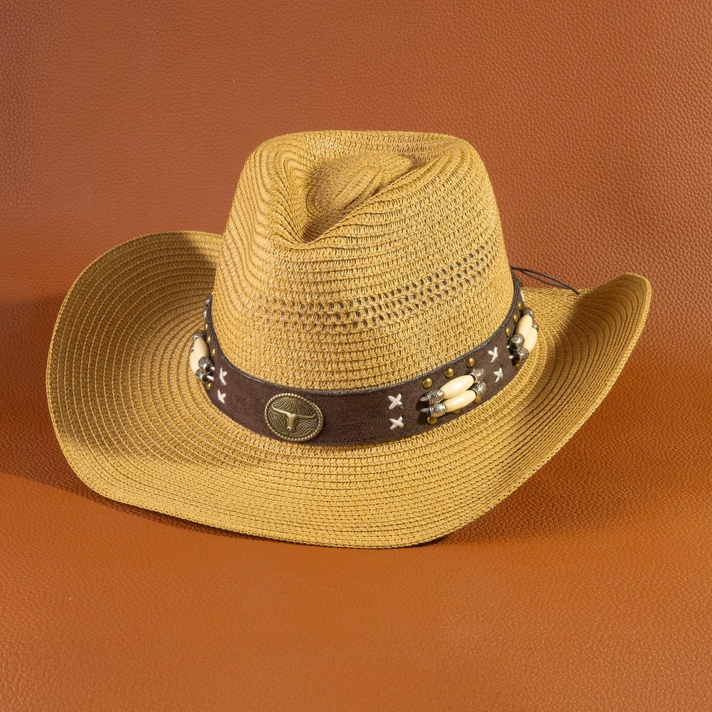 Western Longhorn Strap Straw Cowboy Hat