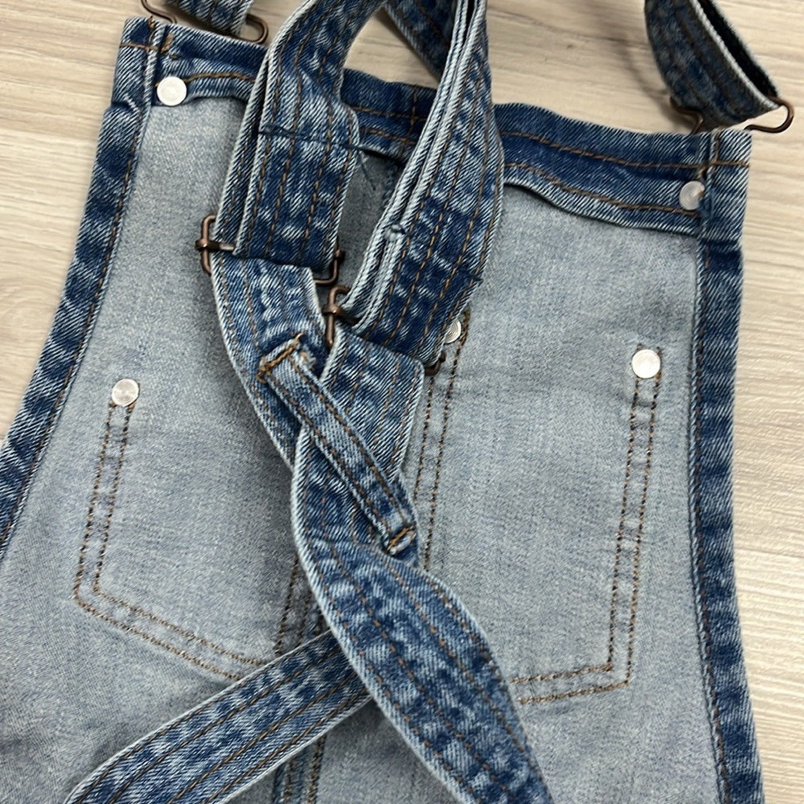 Refuge Blue Denim Overall Mini Skirt Fringe Hem Street Wear Cotton Blend Sz S