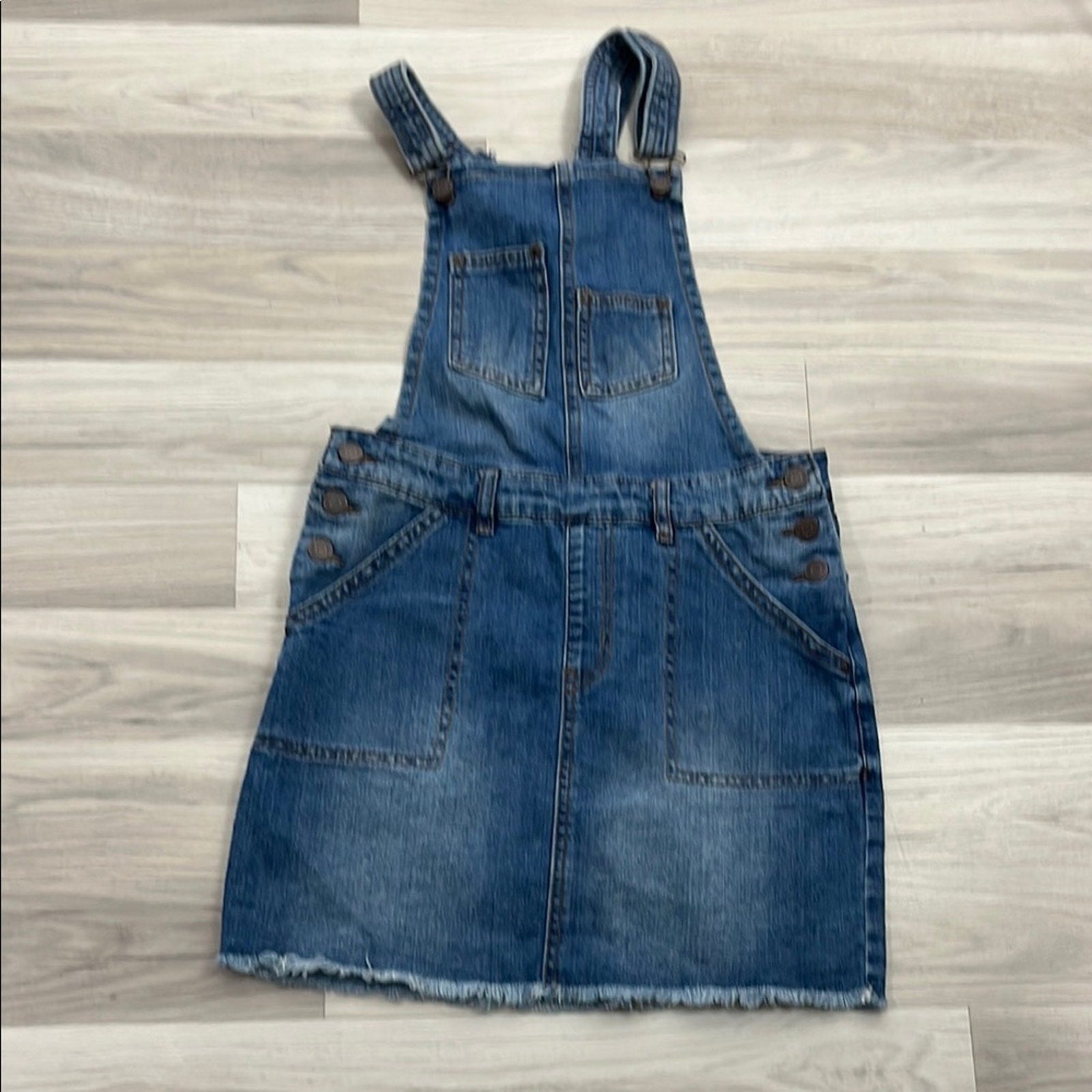 Refuge Blue Denim Overall Mini Skirt Fringe Hem Street Wear Cotton Blend Sz S