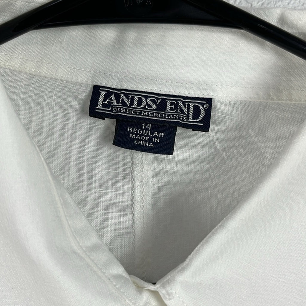 Lands' End Women 100% Linen White Button Down Tunic Shirt Size 14 Effortless