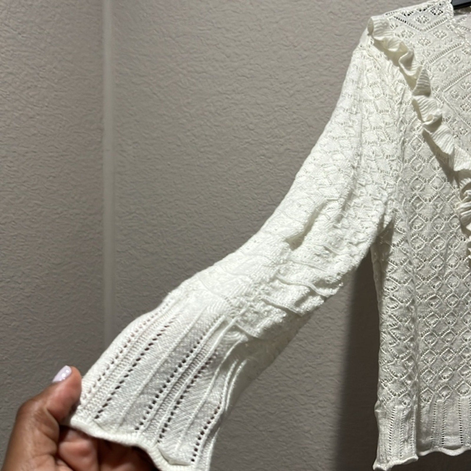 Sundance Crochet Cardigan Sweater Knitted Linen Blend Size L Off White Boho
