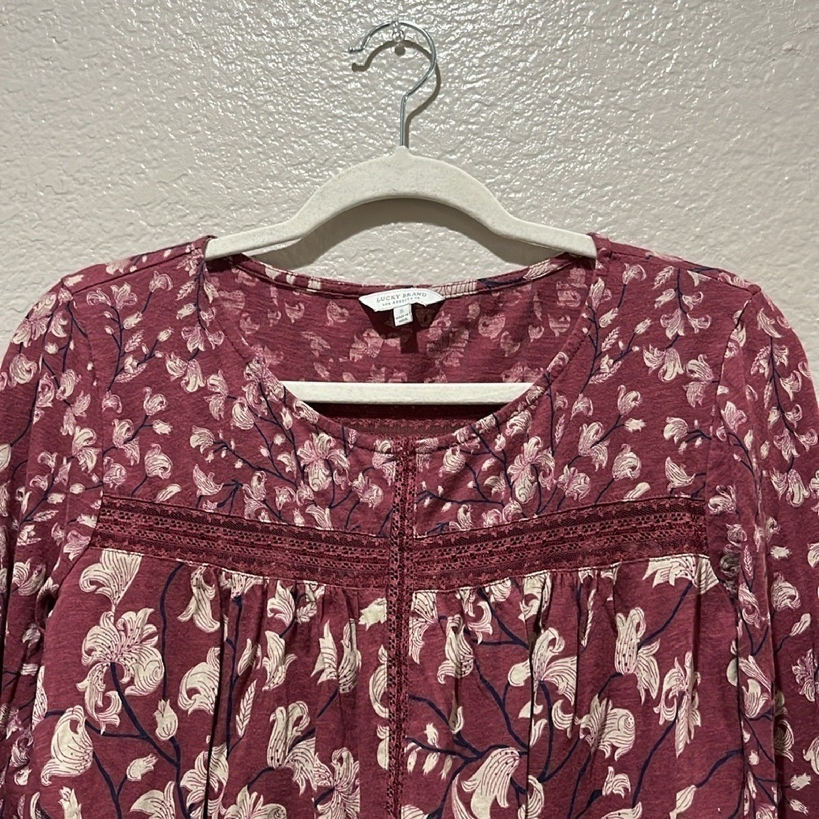 Lucky Brand Burgundy Cream Floral Long Sleeve Blouse Size S Boho Cottage Core