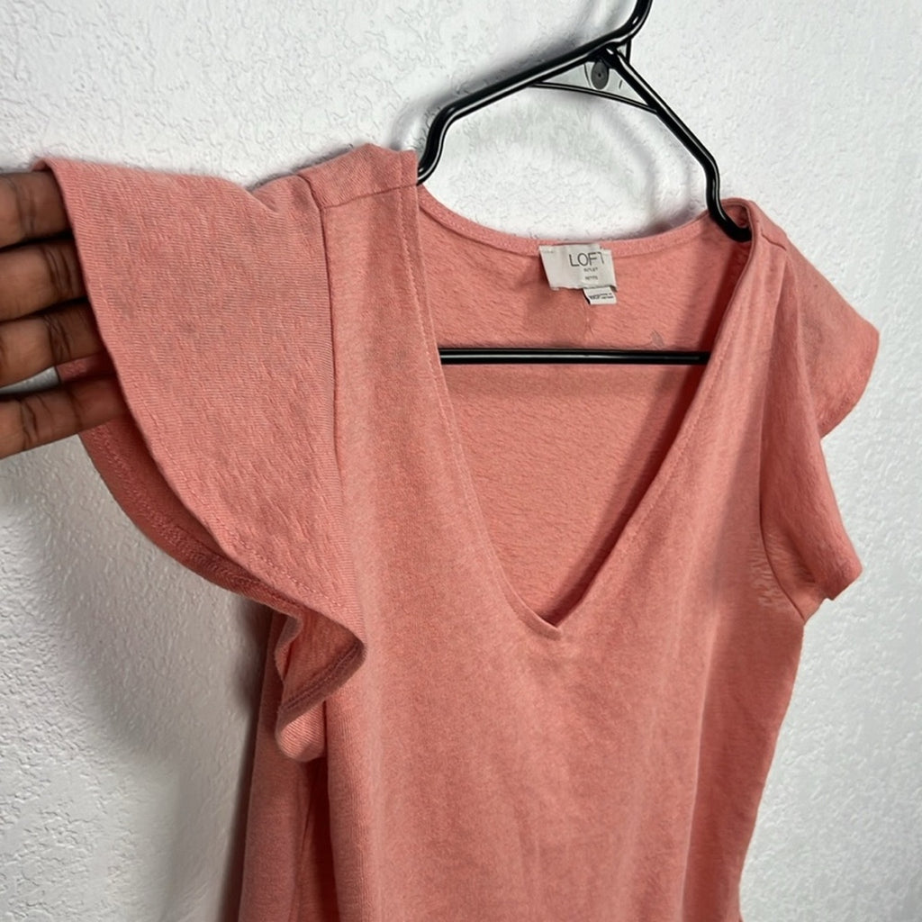 LOFT Women’s Pink Flutter Sleeve Peplum Blouse V Neck Flowy Vacay Wear Sz XXSP
