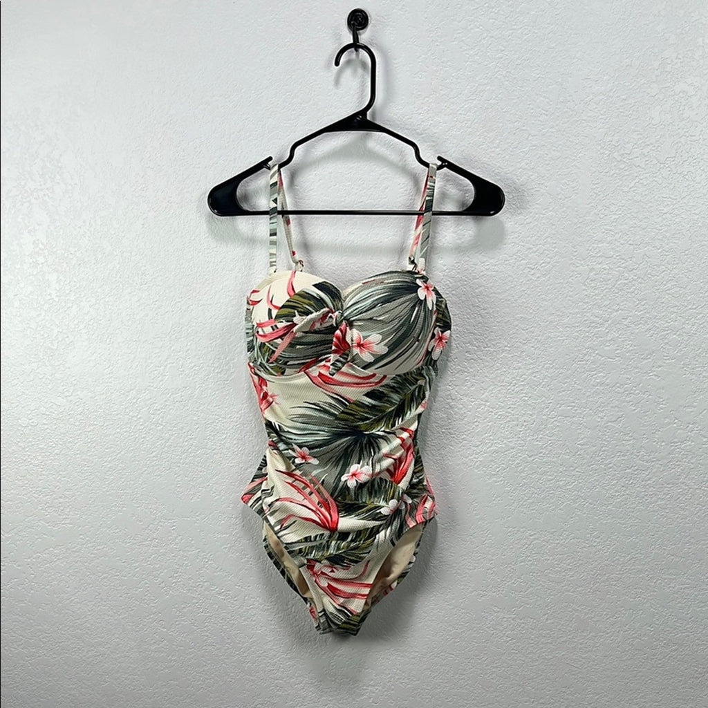 Kona Sol Women's Bandeau Pique High Coverage One Piece Swimsuit Floral Size M