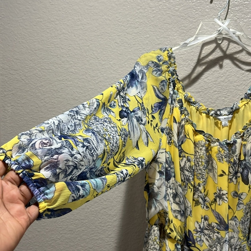 Tommy Hilfiger Size XL Dress Yellow Blue Floral Chiffon Off-the-Shoulder Vacay