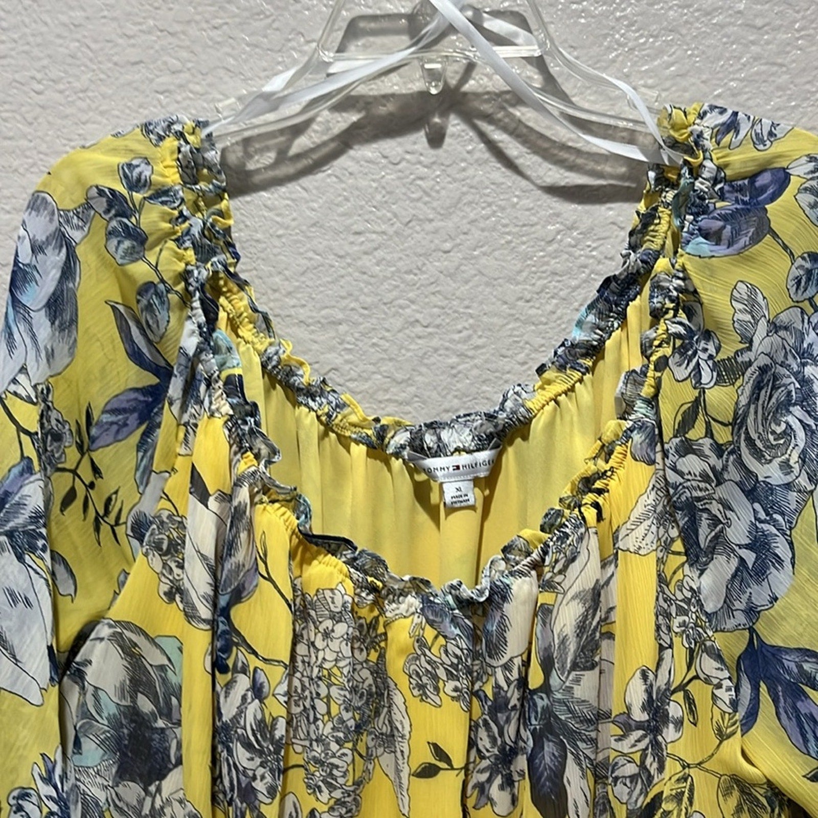 Tommy Hilfiger Size XL Dress Yellow Blue Floral Chiffon Off-the-Shoulder Vacay
