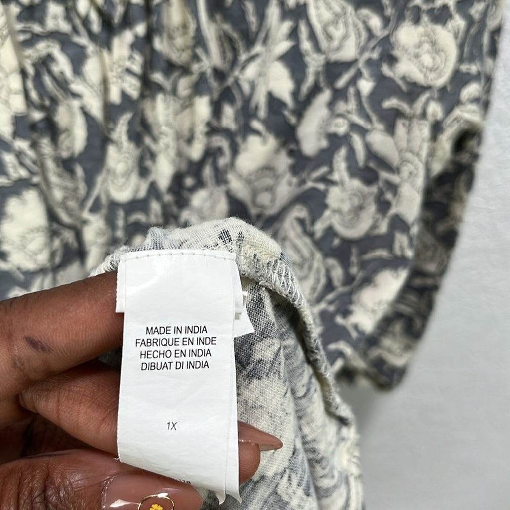 Lucky Brand Boho Grey Print Top Black Tan Split Neck 3/4 Sleeve Size 1X Boho