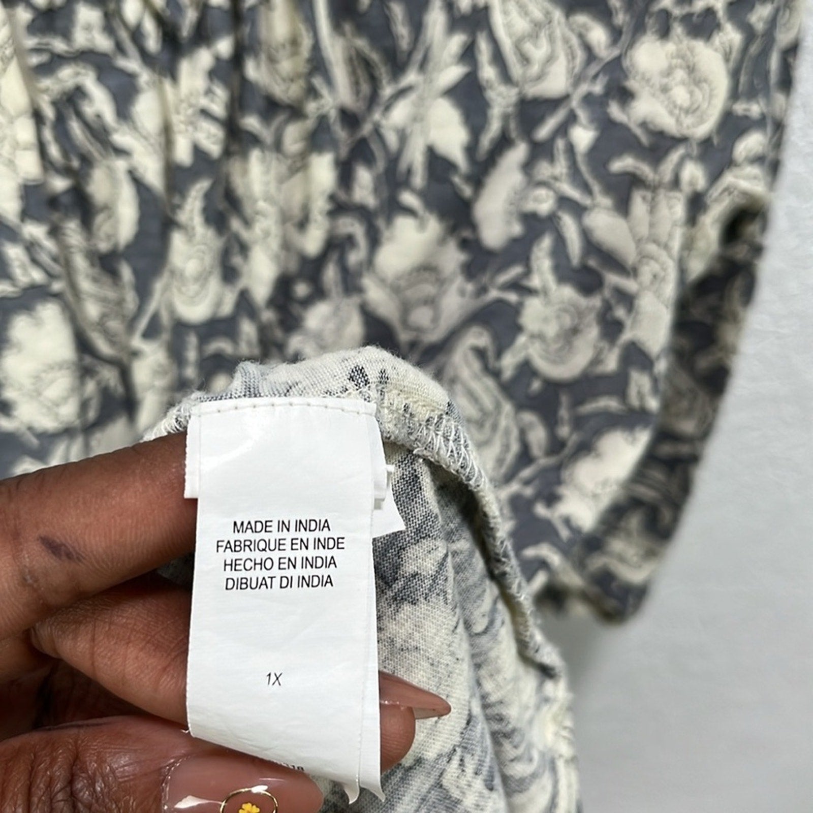 Lucky Brand Boho Grey Print Top Black Tan Split Neck 3/4 Sleeve Size 1X Boho
