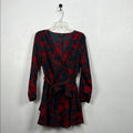 Women’s Black Red Floral  Mini Dress With Belt Long Sleeves Ruffled Sz L Witchy